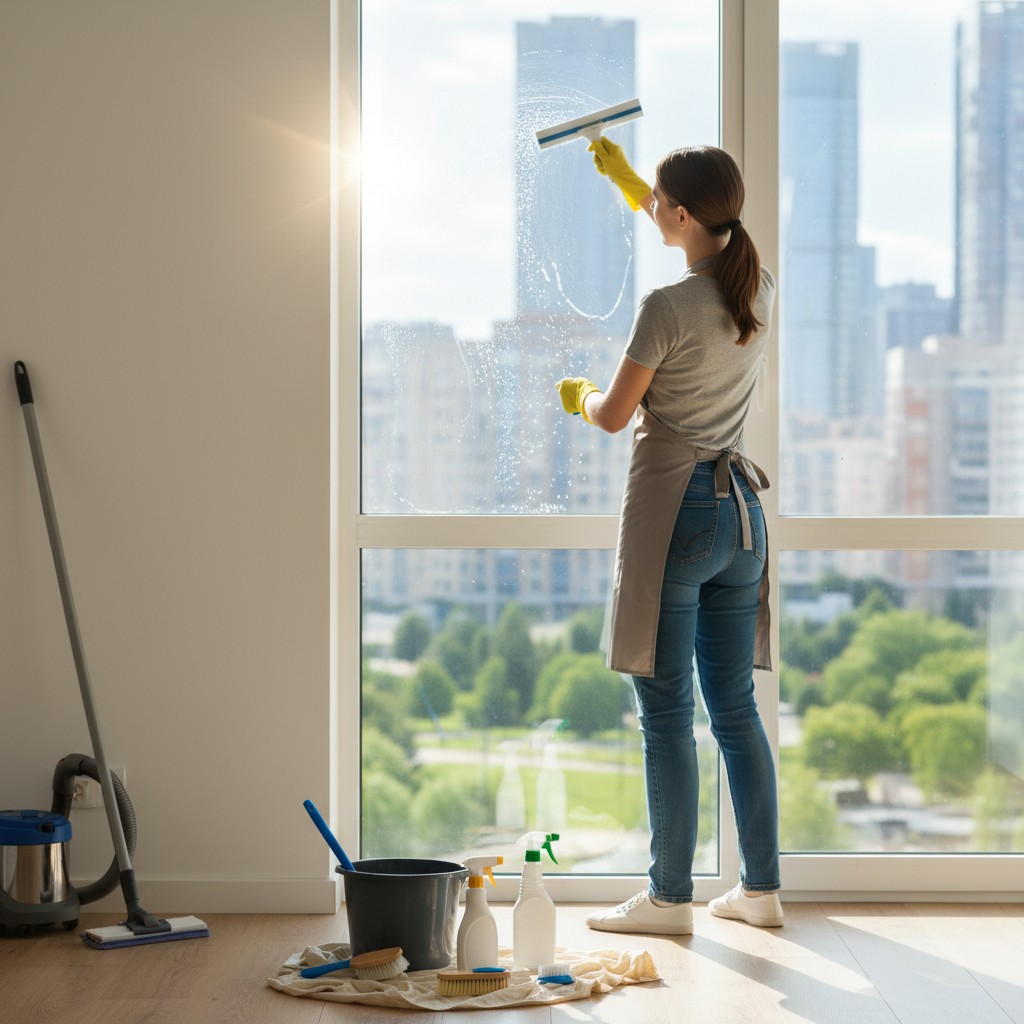A woman wearing a gray t-shirt, jeans, and a beige apron alongside yellow gloves is clearing a window from its exterior wi...